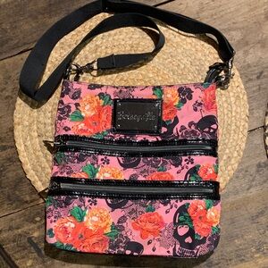Betsey Johnson Pink Floral Skulls and Roses Crossbody Bag